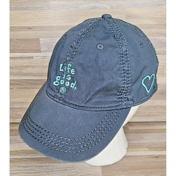 Life Is Good Distressed Gray Women's Adjustable Strap Back Dad‎ Hat Side Heart - Picture 1 of 8